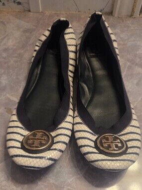 Tory Burch Striped Navy and White Ballet Flats